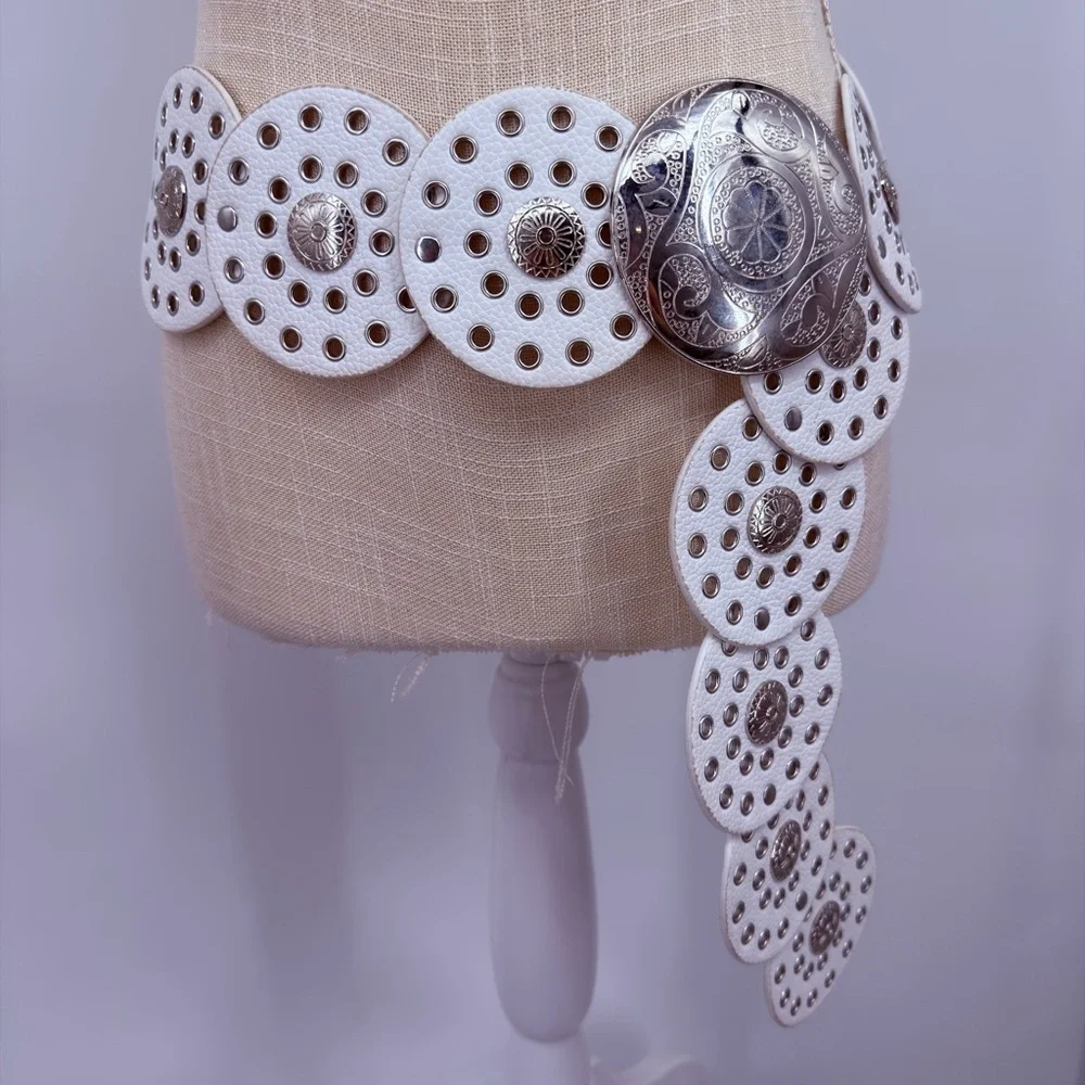 White Concho Disc Belt Western Boho Statement Festival OS